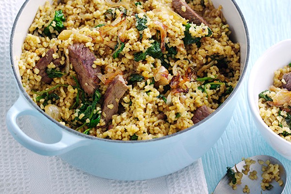 Healthier lamb and spinach bulgar wheat pilaf