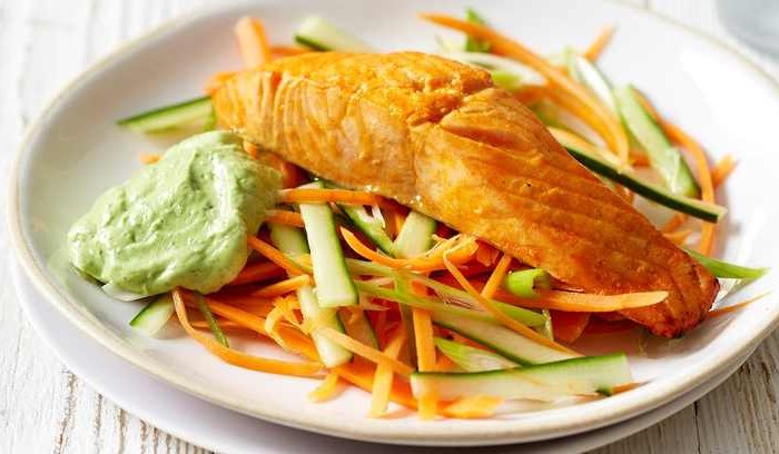 Sriracha Salmon with Avocado Cream and Shredded Vegetables