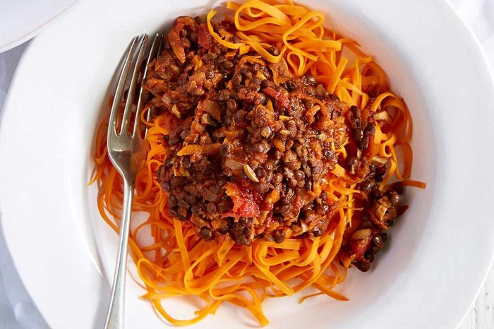 Sweet potato linguine with puy lentil ragù