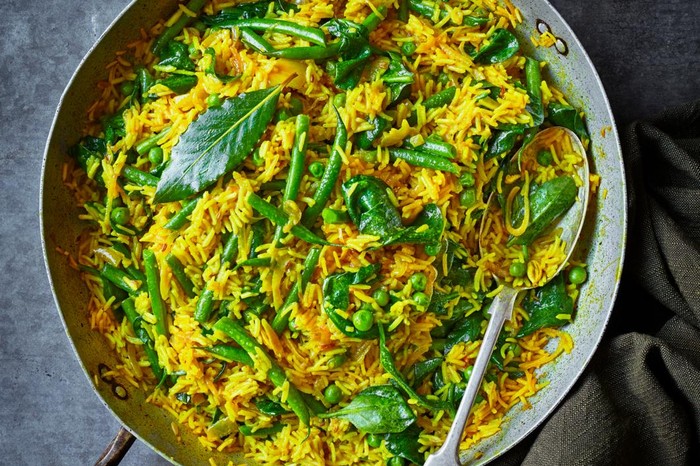 Golden onion and spring veg pilaf