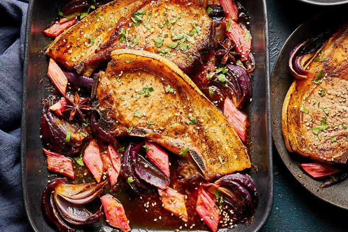 Traybake of rhubarb, pork chops, red onion and star anise