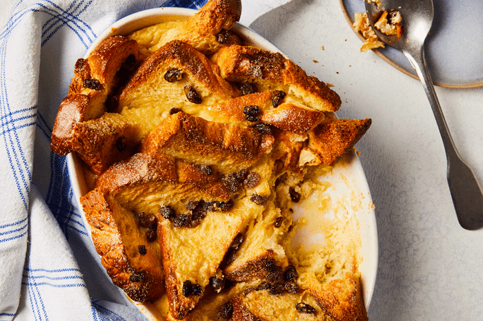 Brioche bread and butter pudding a round baking dish