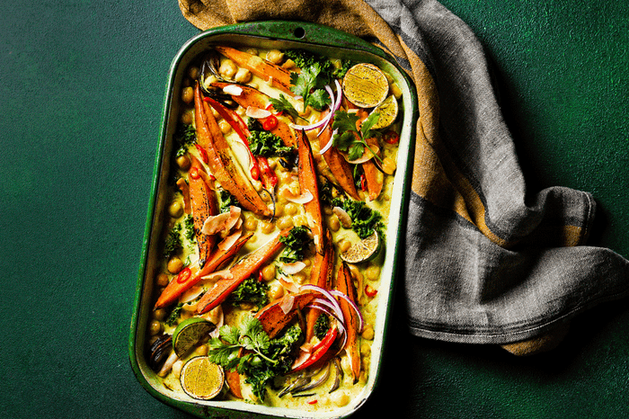 Sweet potato coconut tray bake curry in a baking dish